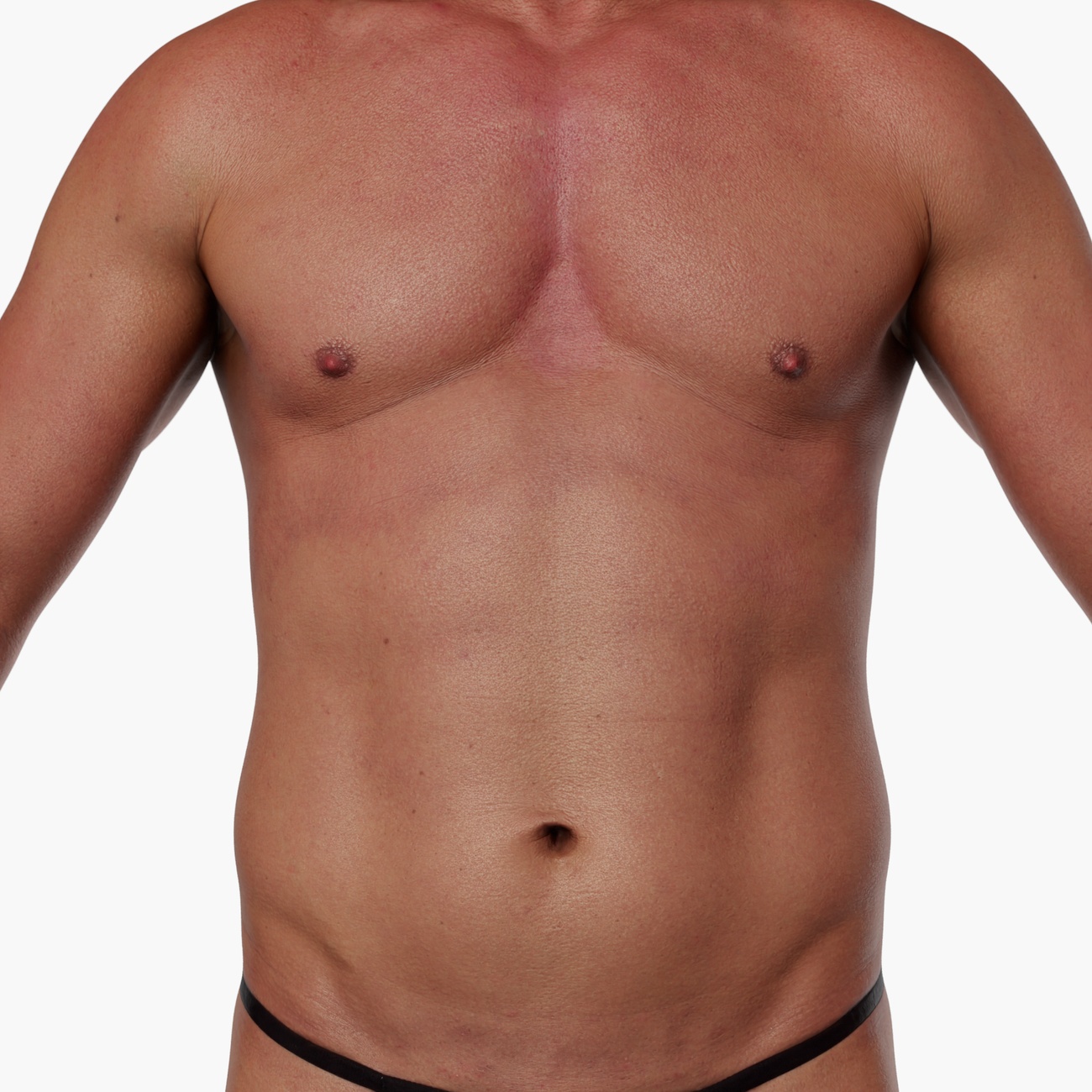 Zoomed render of a stocky male 3D body scan torso showing detailed skin texture and broad shoulder anatomy